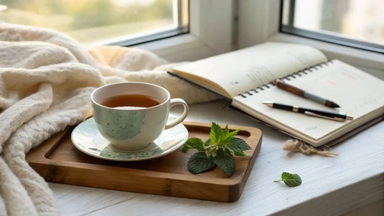 Costa Rican tea with a wellness journal on a tray for a mindful morning ritual