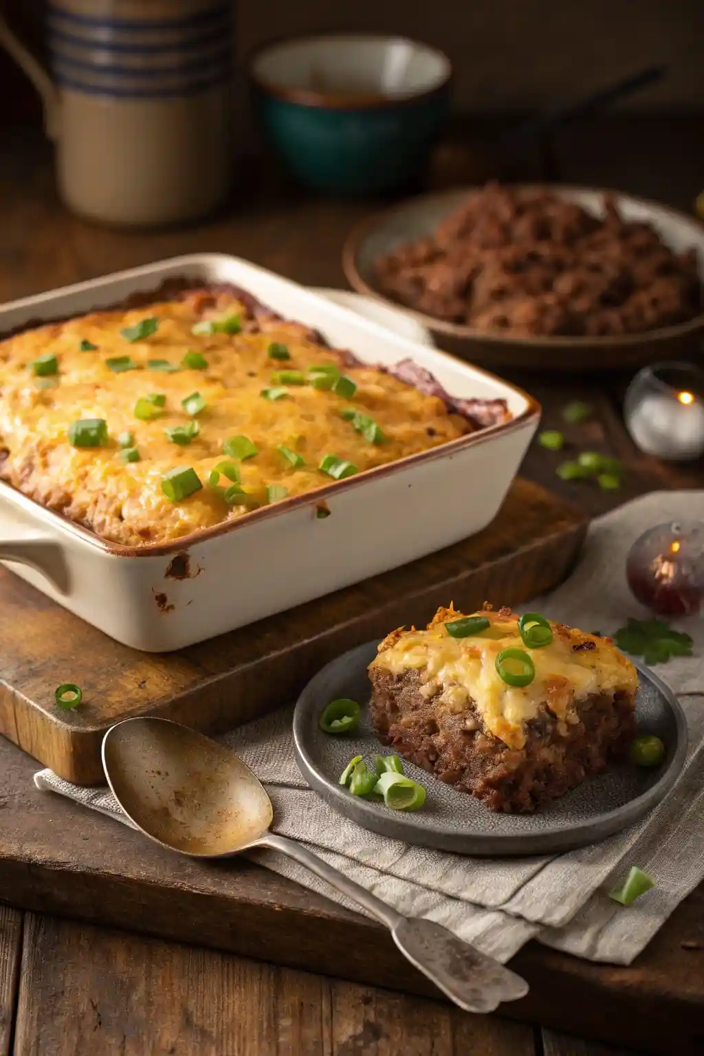 Freshly baked cowboy meatloaf and potato casserole in a baking dish, topped with golden melted cheese and green onions.