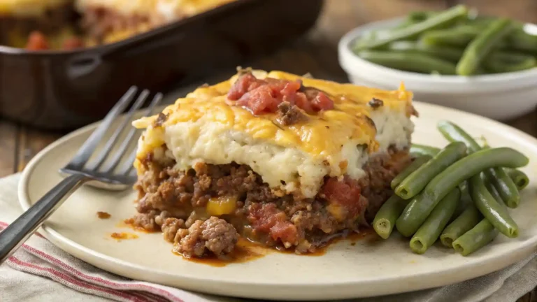Close-up of a serving of cowboy casserole showing layers of meatloaf, mashed potatoes, and cheese.