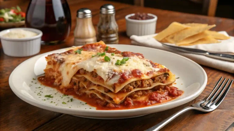 A plated serving of lasagna on a wooden dining table, showcasing the layers of cheese and meat sauce.