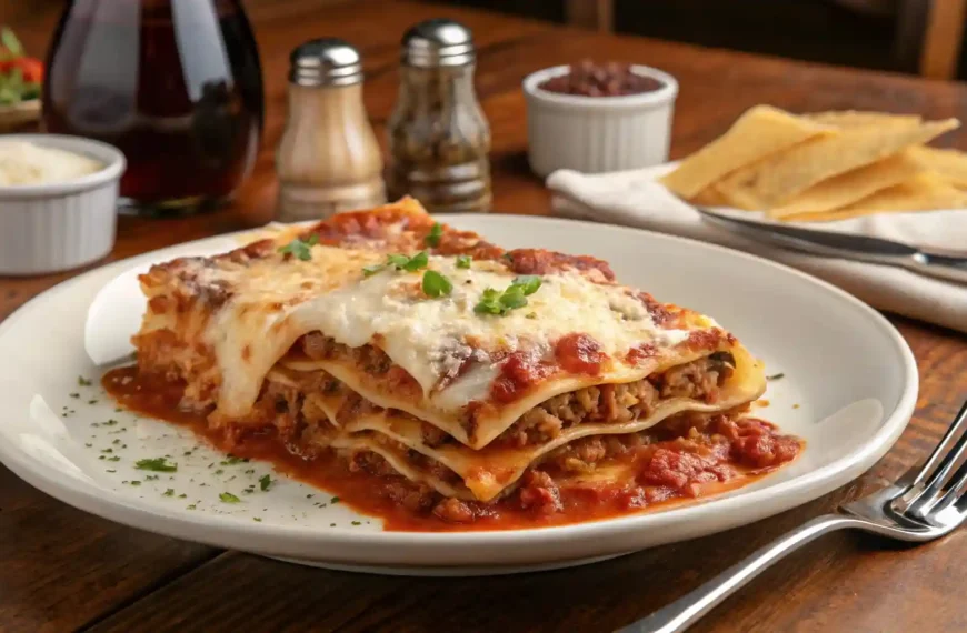 A plated serving of lasagna on a wooden dining table, showcasing the layers of cheese and meat sauce.