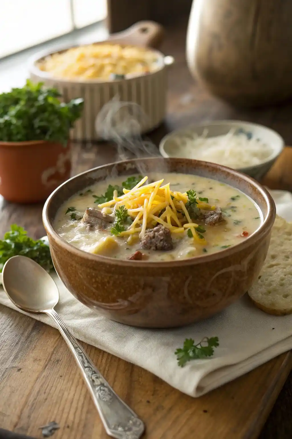 Crock Pot Creamy potato and hamburger soup in a rustic bowl, topped with melted cheese and parsley