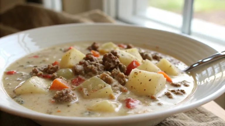Creamy potato and hamburger soup in a rustic bowl, topped with melted cheese and parsley