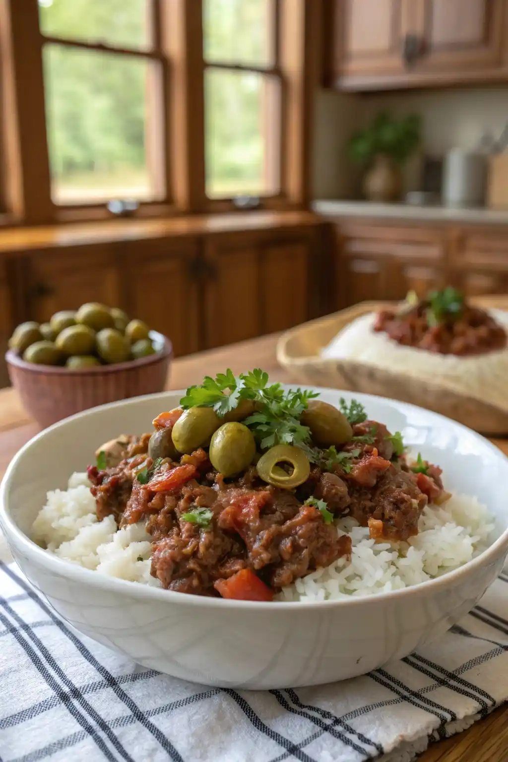 Crock Pot Cuban picadillo served over rice in a white bowl, garnished with parsley.