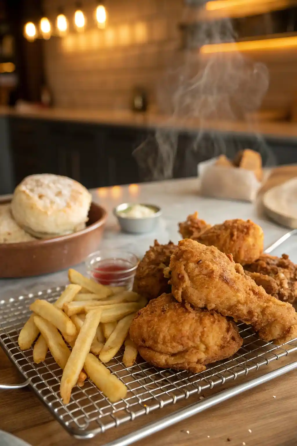 Crispy homemade Crown Fried Chicken served with seasoned fries and biscuit on a wire rack.