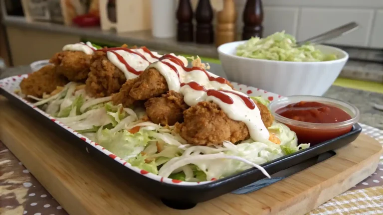 Crown Fried Chicken with white sauce and hot sauce, halal-style platter.