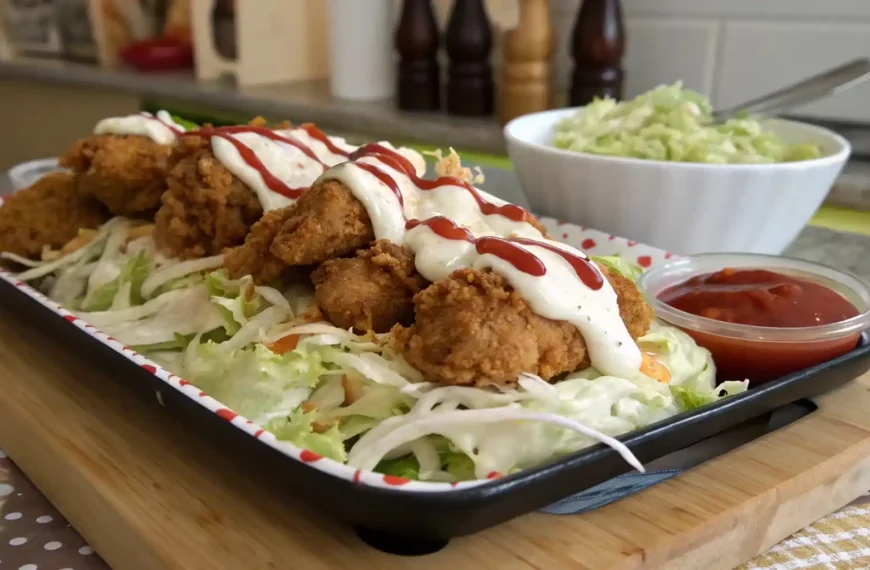Crown Fried Chicken with white sauce and hot sauce, halal-style platter.