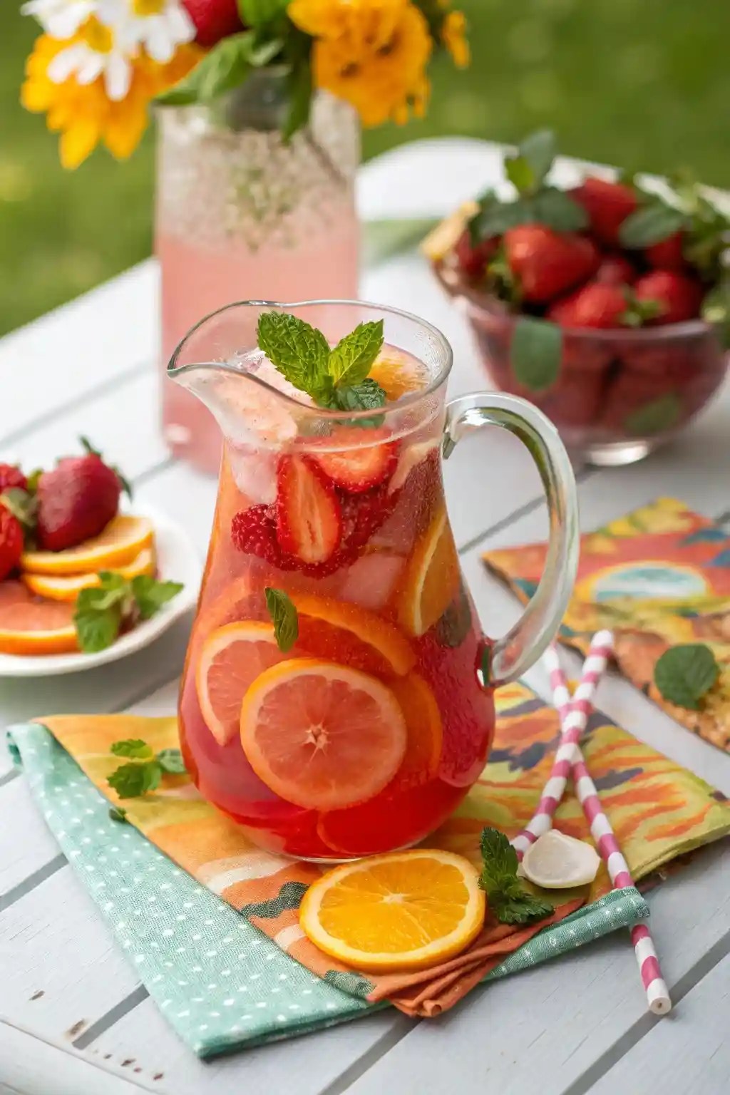 Glass pitcher of homemade fruit punch soft drink with fresh fruit and mint on a sunny outdoor table.