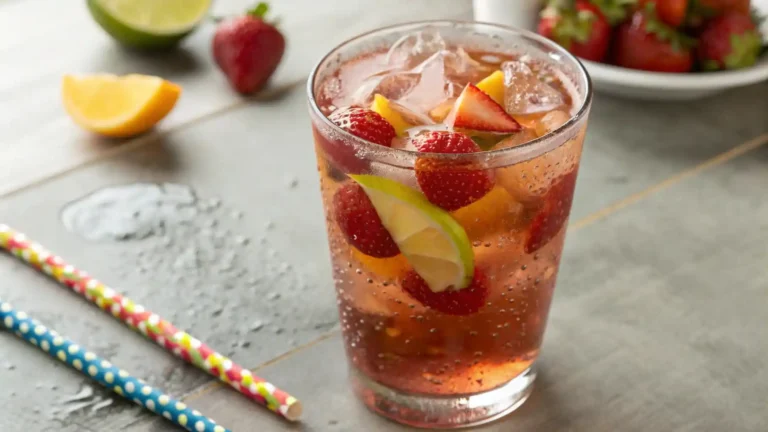 Tall glass of fizzy fruit punch soft drink with ice, fruit slices, and a colorful straw on a hot summer day.