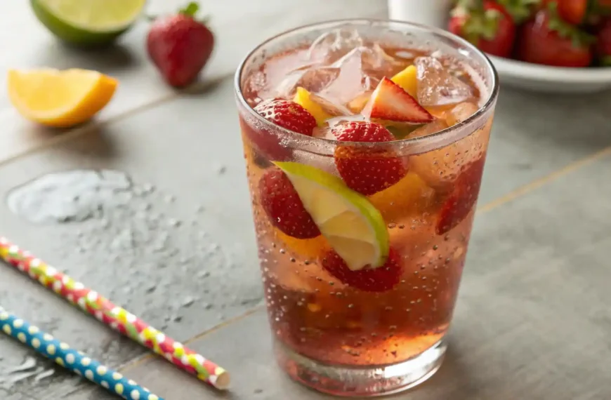 Tall glass of fizzy fruit punch soft drink with ice, fruit slices, and a colorful straw on a hot summer day.