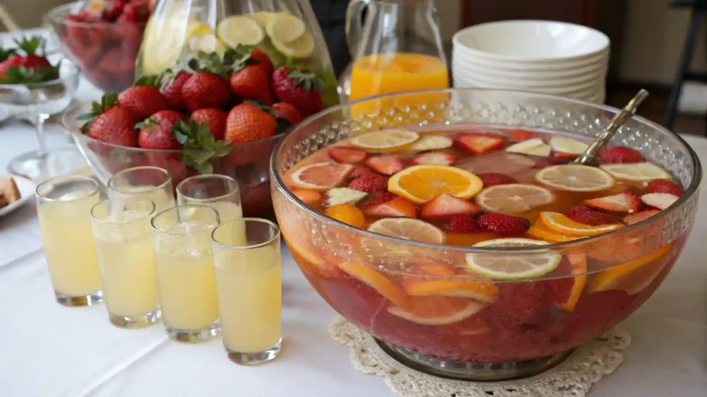 Large punch bowl of giggle juice surrounded by fresh fruit slices, ready to serve.