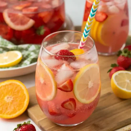 Glass of refreshing giggle juice recipe punch with pink lemonade and fresh fruit slices.