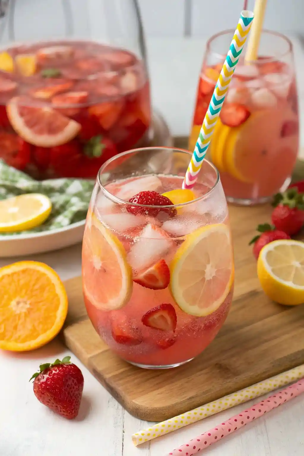 Glass of refreshing giggle juice recipe punch with pink lemonade and fresh fruit slices.