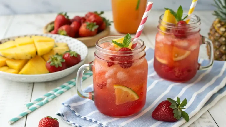 Non-alcoholic giggle juice mocktails served in mason jars with fruit slices and paper straws for a baby shower.