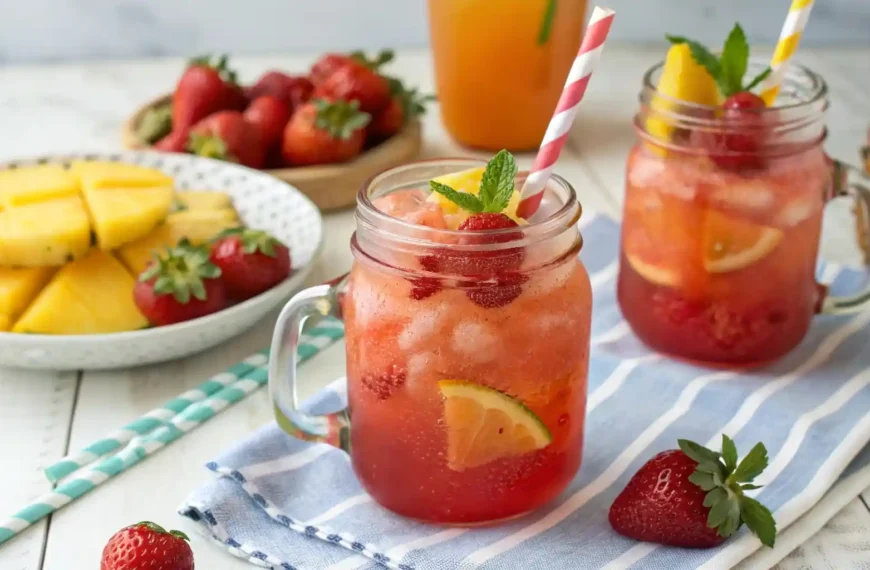 Non-alcoholic giggle juice mocktails served in mason jars with fruit slices and paper straws for a baby shower.