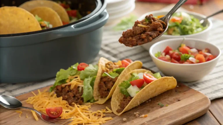 Crock pot taco meat being served into taco shells with toppings on a family dinner table.