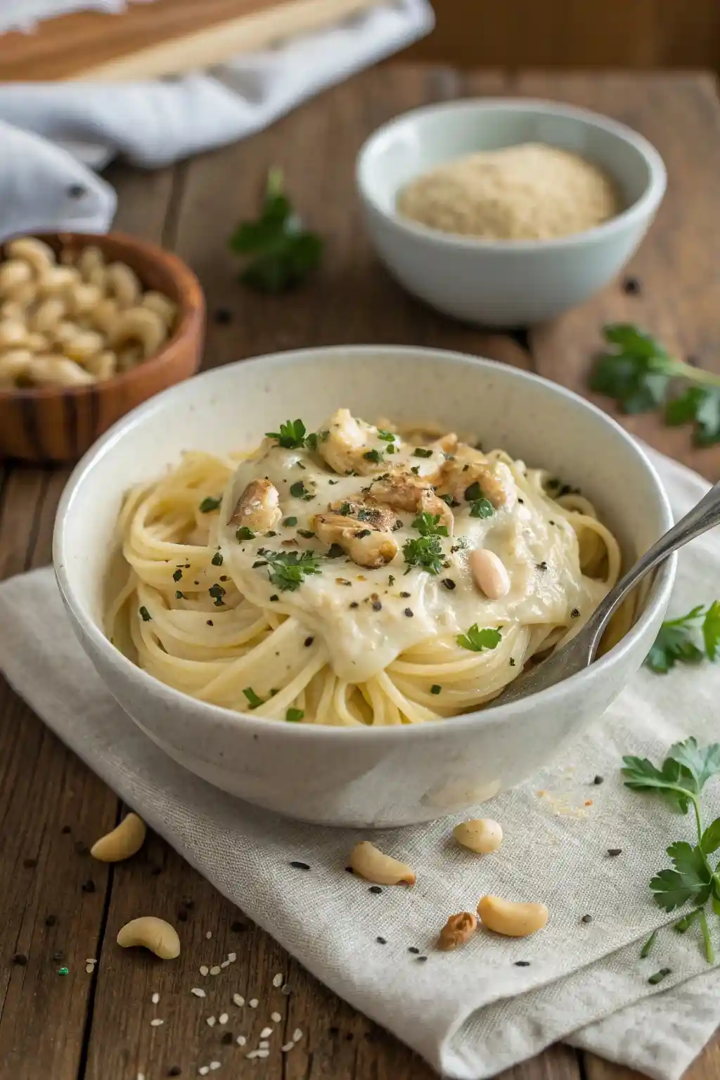 Creamy vegan hearts of palm pasta recipes Alfredo topped with parsley in a rustic bowl