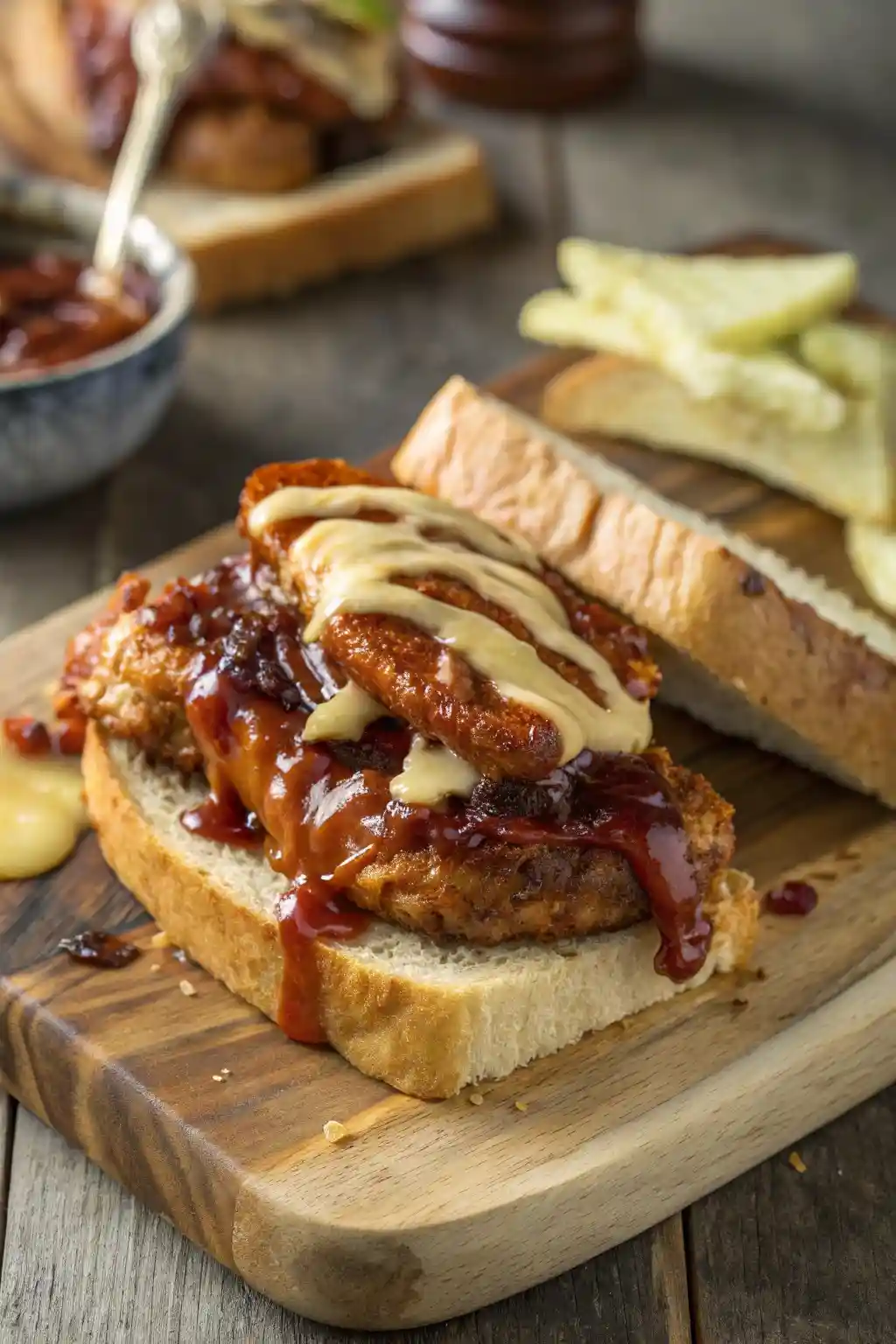 Homemade Honey BBQ Chicken Strip Sandwich Whataburger with melted cheese and BBQ sauce on Texas Toast