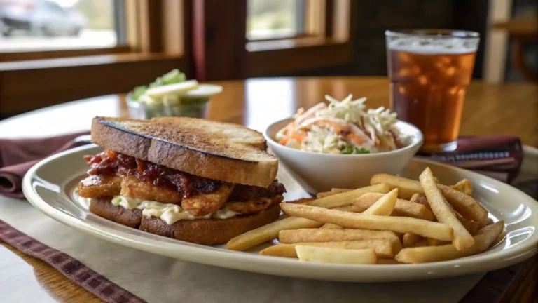 Plated Honey BBQ Chicken Strip Sandwich served with fries and coleslaw in a home setting
