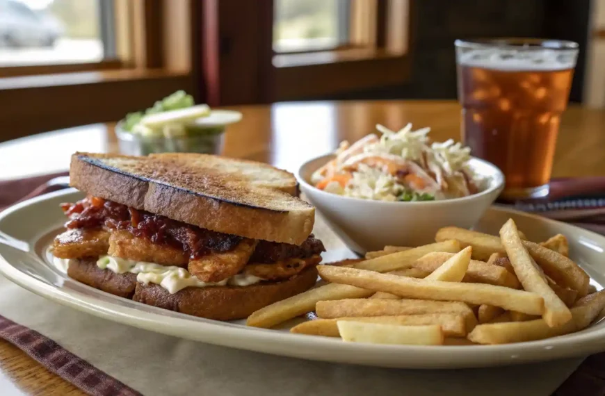 Plated Honey BBQ Chicken Strip Sandwich served with fries and coleslaw in a home setting