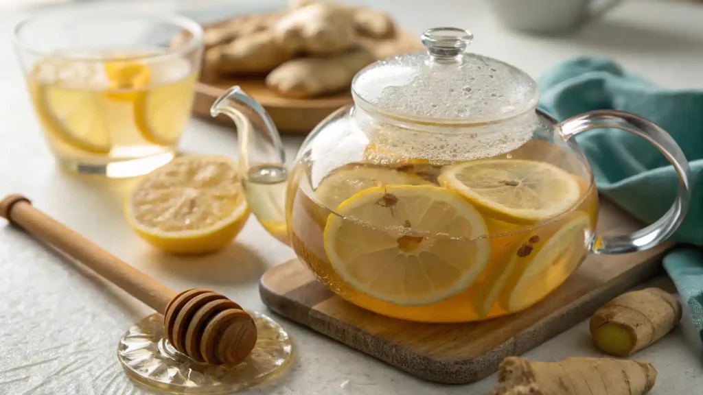 Clear glass teapot filled with honey lemon ginger tea, featuring lemon slices, ginger pieces, and a wooden honey dipper.
