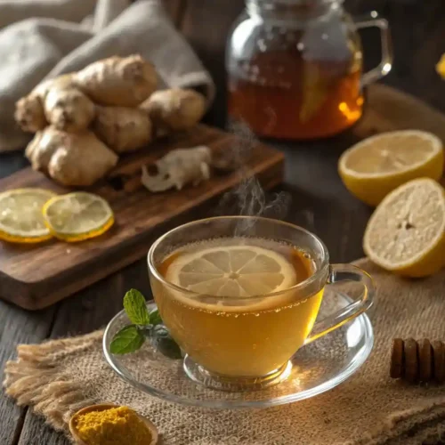 A steaming cup of honey lemon ginger tea with slices of lemon and ginger, accompanied by a honey jar, sitting on a rustic wooden table.