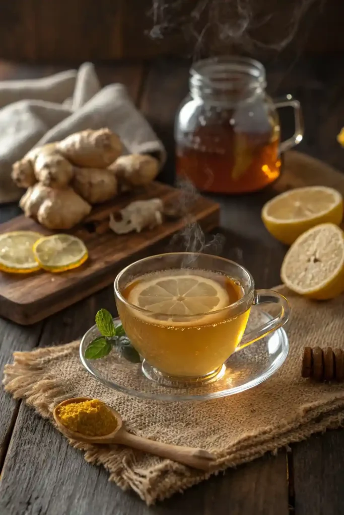 A steaming cup of honey lemon ginger tea with slices of lemon and ginger, accompanied by a honey jar, sitting on a rustic wooden table.