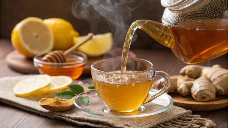 Honey lemon ginger tea being poured into a mug, with steam rising and fresh ginger, lemon, and honey in the background.