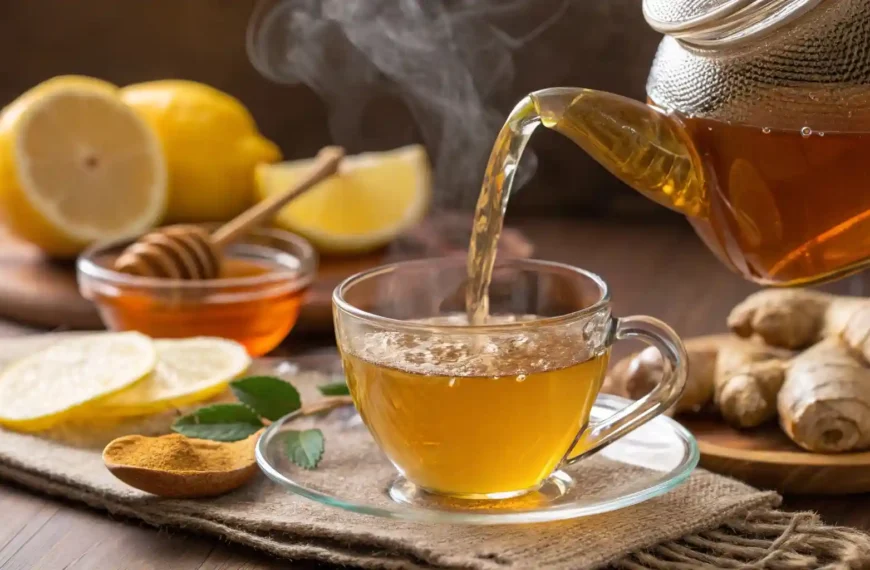 Honey lemon ginger tea being poured into a mug, with steam rising and fresh ginger, lemon, and honey in the background.