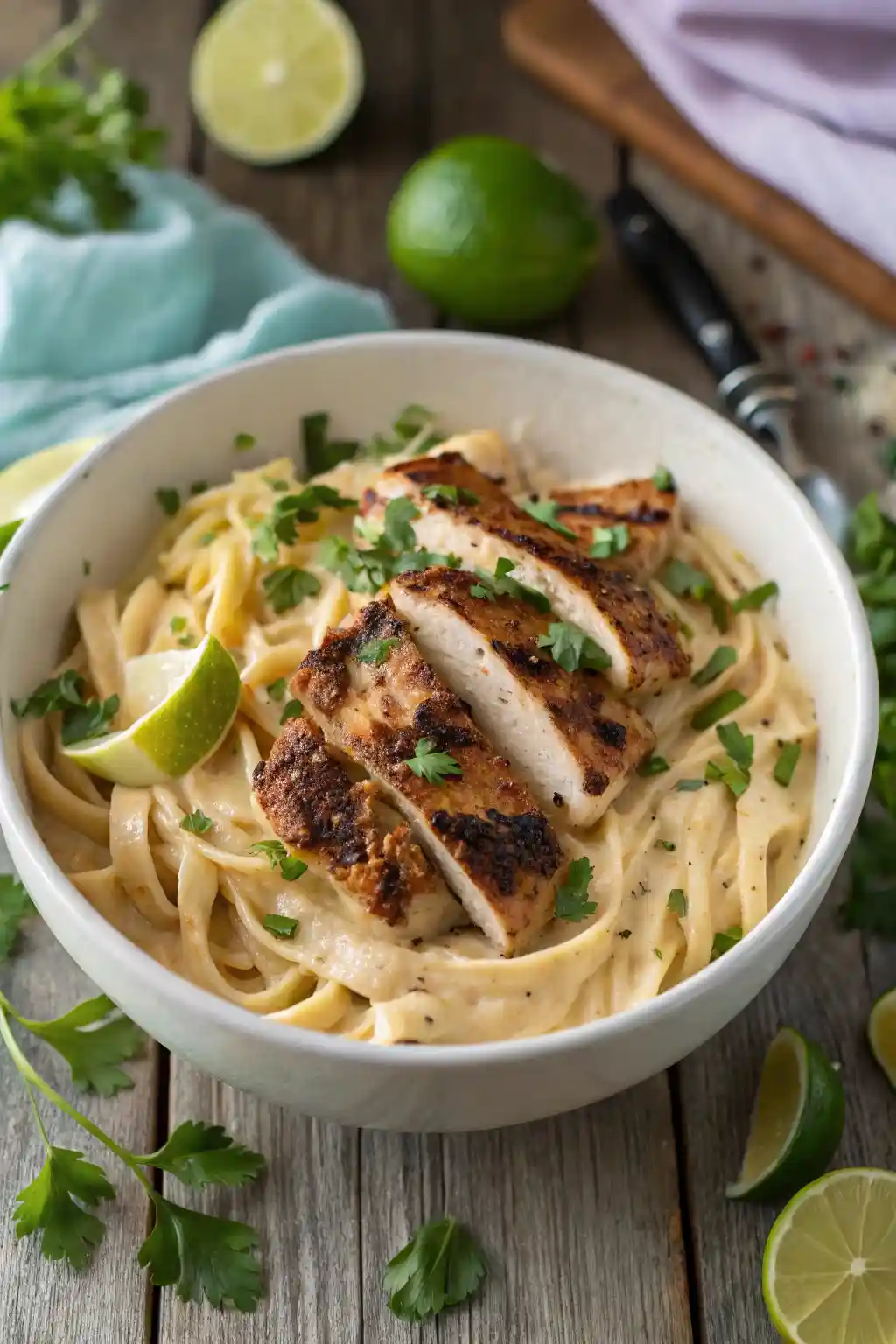Creamy jerk chicken pasta recipe topped with grilled chicken, parsley, and lime wedges in a white bowl on a rustic wooden table.