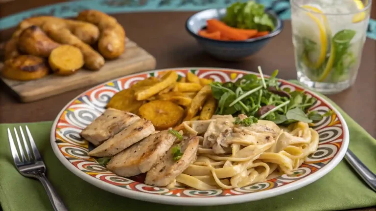 Creamy jerk chicken pasta served with roasted plantains and salad, plated as a complete meal with a refreshing drink.