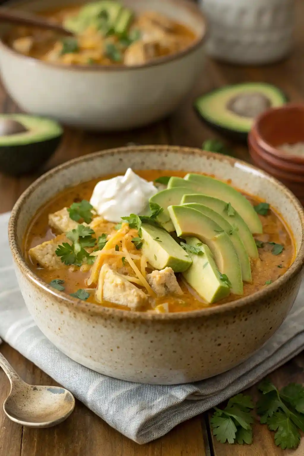 A bowl of creamy keto chicken taco soup with avocado, cheese, sour cream, and cilantro served on a wooden table.