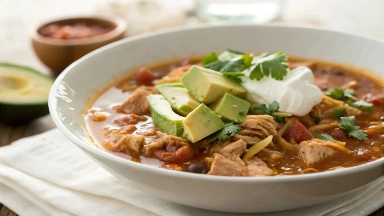 Close-up of keto chicken taco soup with rich texture and natural colors, photographed in soft daylight with a clean, background-free focus.