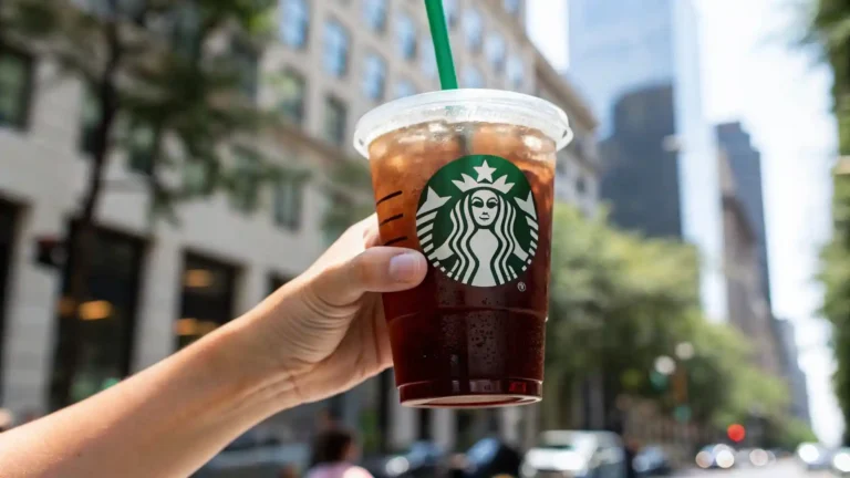 Hand holding a Starbucks iced Americano with no sugar or cream in a city setting.