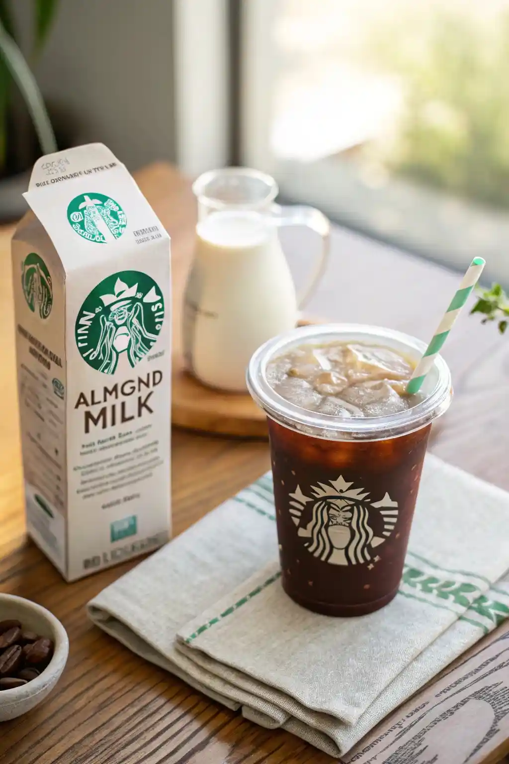 Low Carb Drinks at Starbucks cold brew coffee and unsweetened almond milk displayed on a wooden table.
