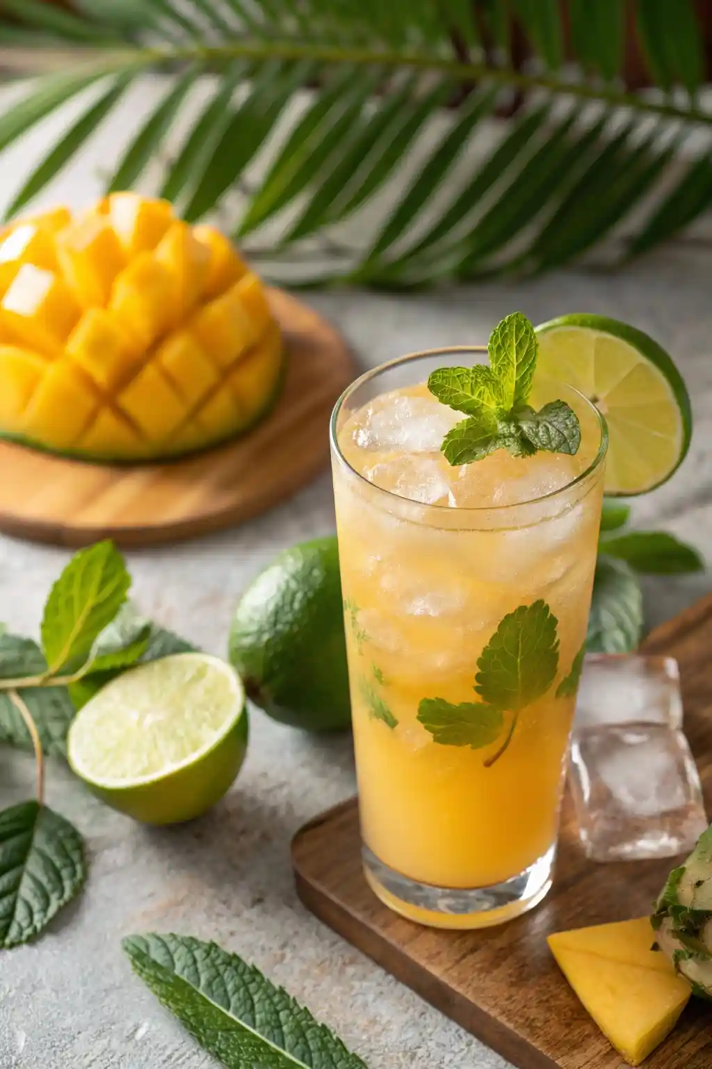 Close-up of a vibrant Mango Mai Tai recipe cocktail with lime, mint, and mango garnish, served in a highball glass, set against a tropical background.