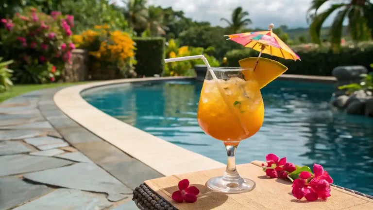 A refreshing Mango Mai Tai cocktail served poolside, with a colorful umbrella garnish and a slice of mango, capturing a sunny tropical vibe.