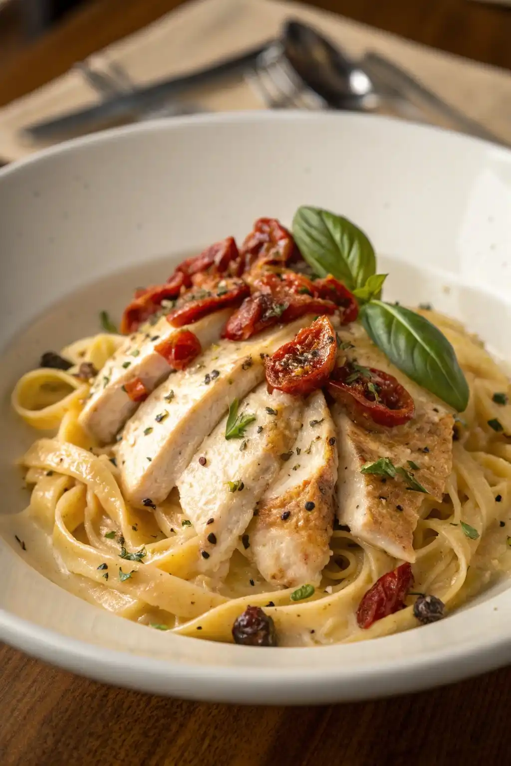 Marry Me Chicken Pasta served in a white bowl, topped with sliced chicken, sun-dried tomatoes, and fresh basil.