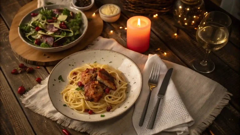Marry Me Chicken Pasta served with salad and candlelight for a romantic dinner at home.