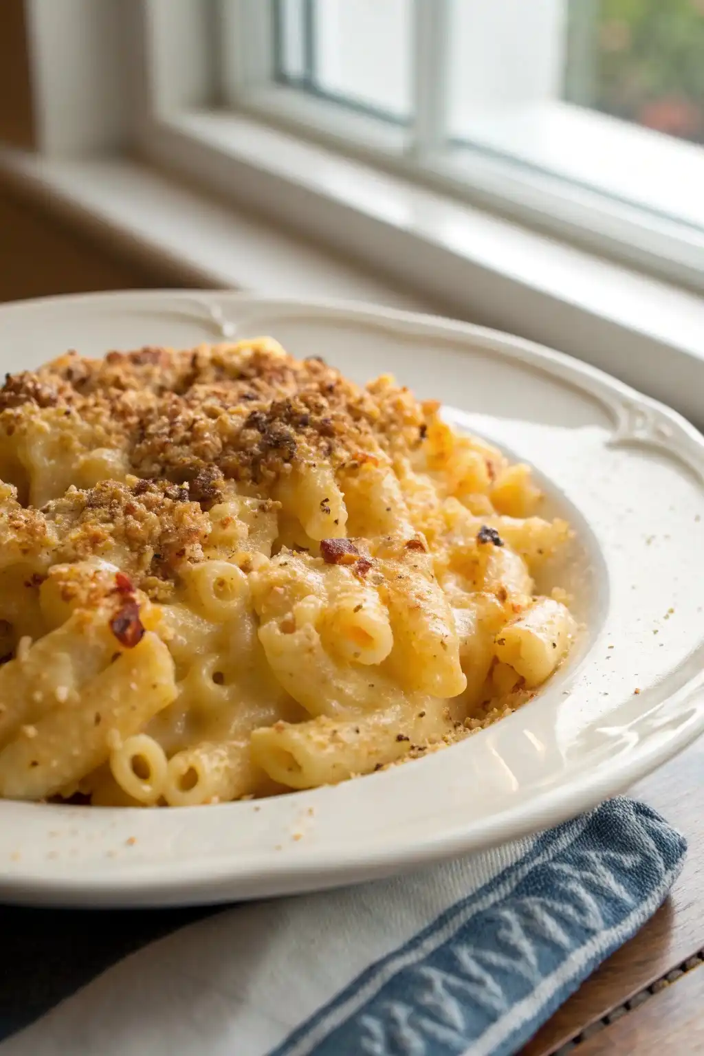Close-up of a plated serving of mueller macaroni and cheese recipe with golden baked top and creamy texture, captured in natural light for a warm, realistic look.