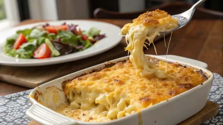 A spoonful of cheesy baked Mueller mac and cheese being served from the dish.
