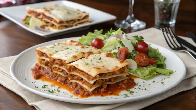 A serving of slicedmueller's lasagna recipe​ with layers of cheese and sauce, accompanied by a side salad.