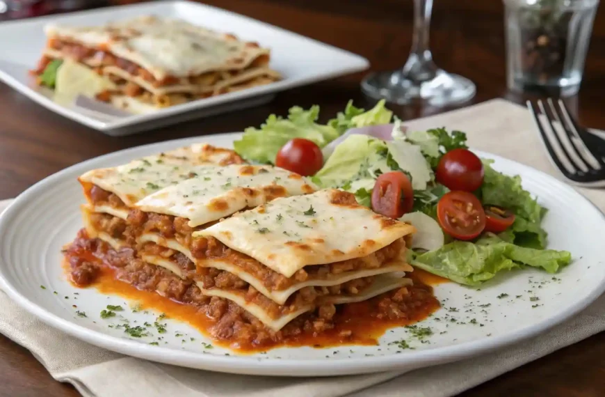 A serving of slicedmueller's lasagna recipe​ with layers of cheese and sauce, accompanied by a side salad.