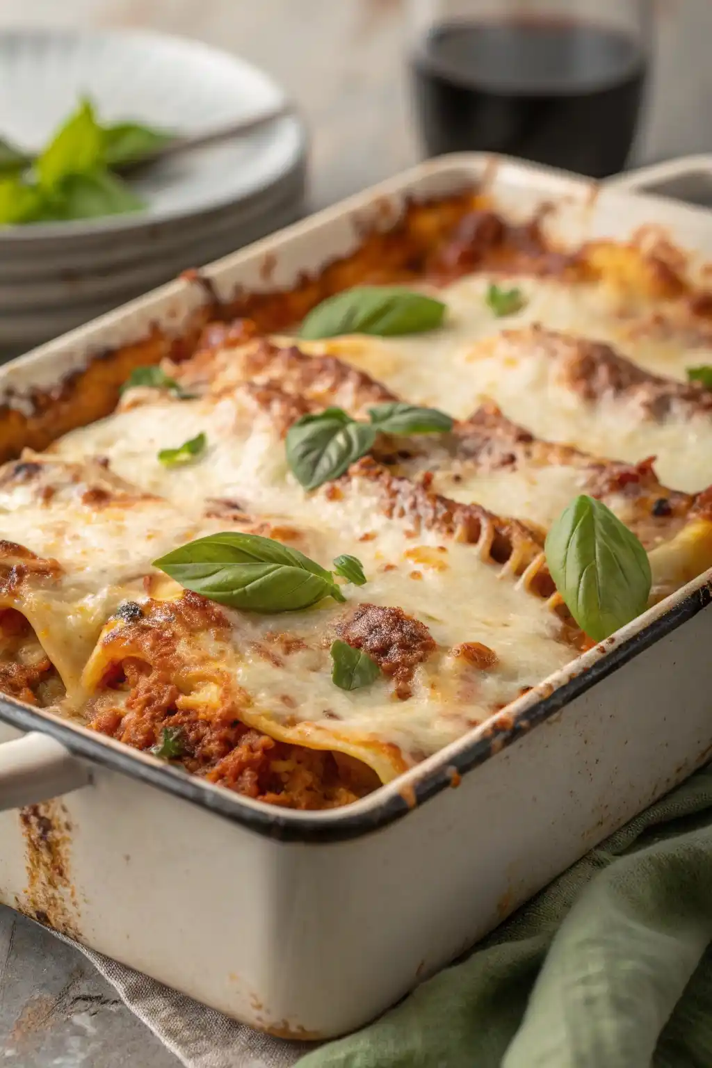 A freshly baked Mueller’s Lasagna Recipe with golden cheese and fresh basil on top, ready to be served.