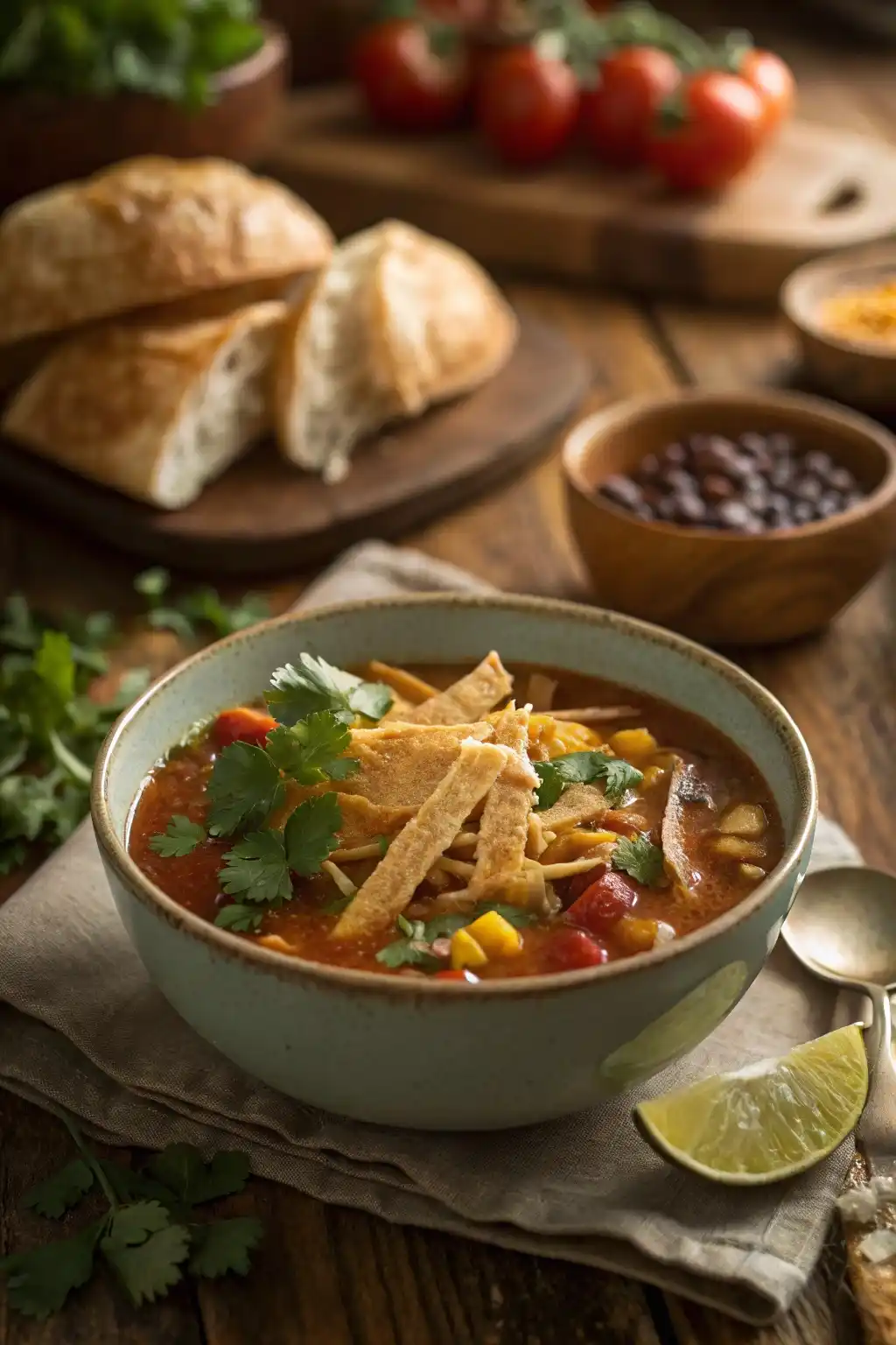Homemade Panera chicken tortilla soup topped with tortilla strips, cilantro, and lime on a rustic wooden table.