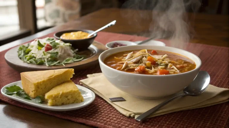 Comforting meal of chicken tortilla soup with cornbread and salad served on a cozy dinner table.