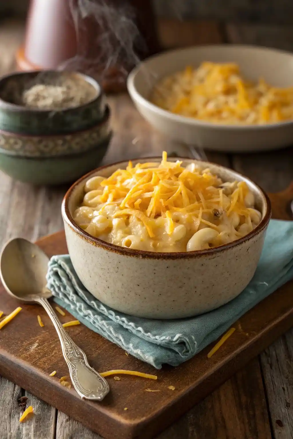 A bowl of creamy Paula Deen Crockpot Macaroni and Cheese, topped with cheddar cheese, on a wooden table.