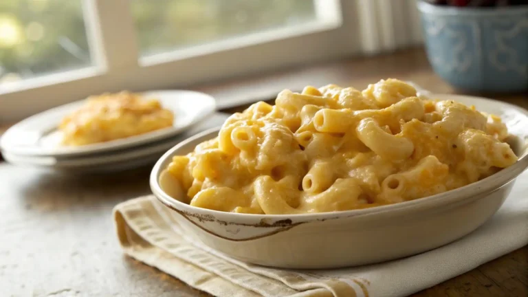 Close-up of Paula Deen Crockpot Macaroni and Cheese with rich textures and natural colors, captured in soft, diffused natural lighting. The dish is the focus with a balanced, organic feel, showcasing its creamy texture and inviting appearance.