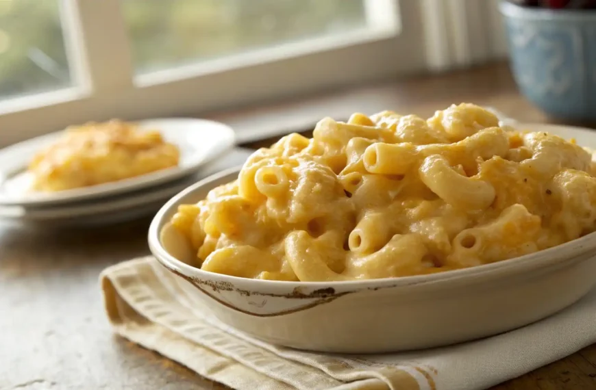 Close-up of Paula Deen Crockpot Macaroni and Cheese with rich textures and natural colors, captured in soft, diffused natural lighting. The dish is the focus with a balanced, organic feel, showcasing its creamy texture and inviting appearance.
