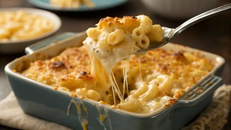 Close-up of a spoon lifting cheesy mac and cheese with gooey melted cheese strands.